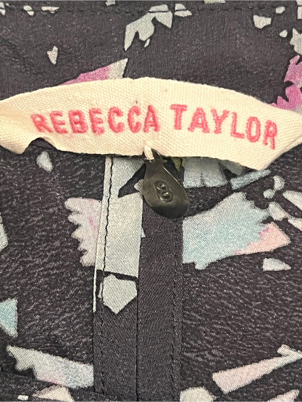 Rebecca Taylor Black Floral V-Neck Blouse with Pink and White Accents - Picture 2 of 9
